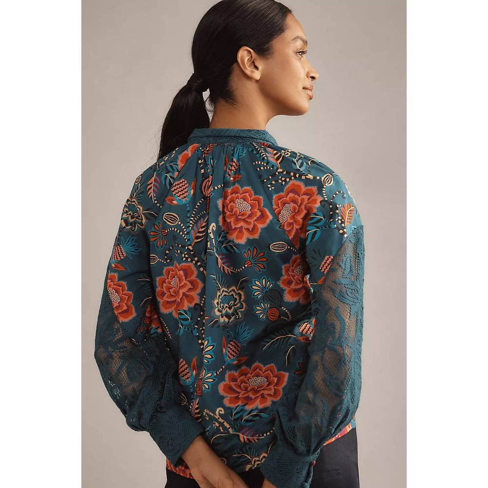Farm Rio Anthropologie Floral Blouse Lrg Teal Lace Sleeve Boho Romantic Peasant - Picture 2 of 16